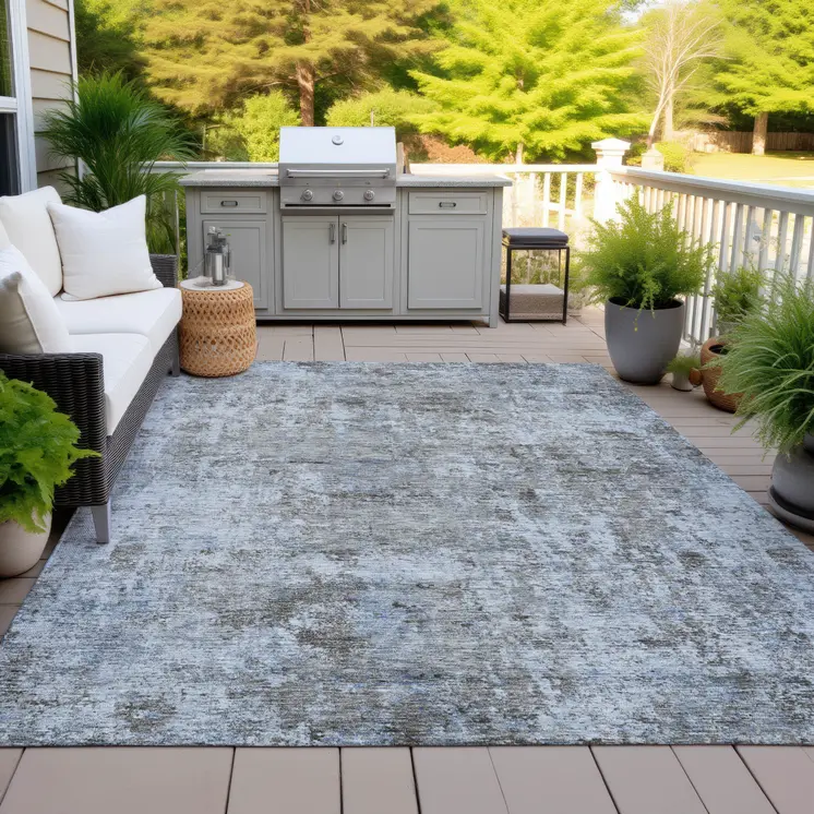 10' X 14' Blue And Taupe Abstract Washable Indoor Outdoor Area Rug