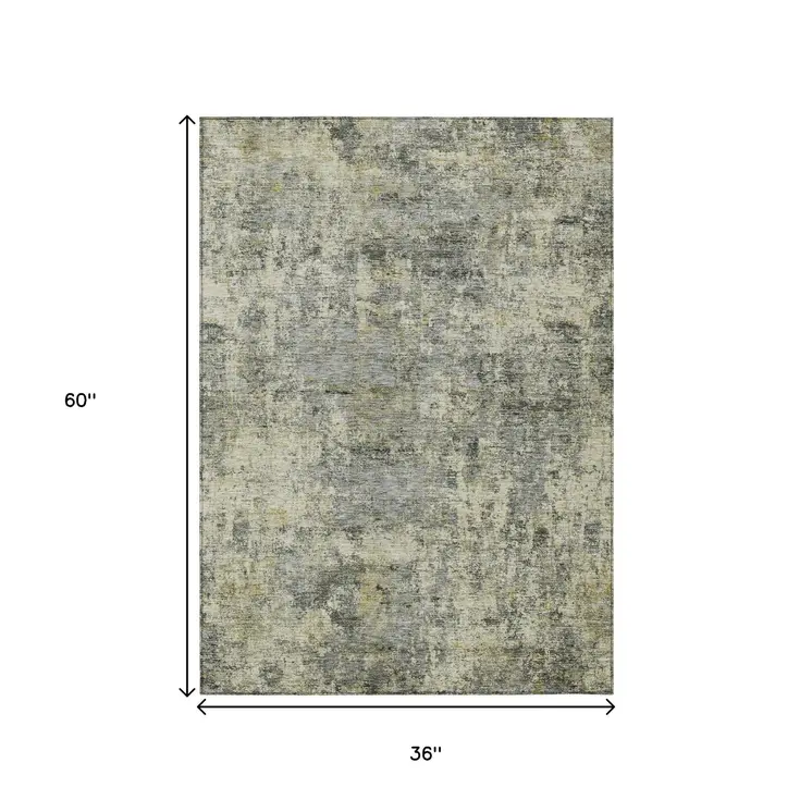3' X 5' Pewter And Beige Abstract Washable Indoor Outdoor Area Rug