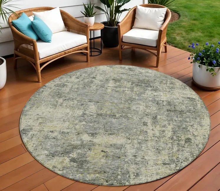 8' Pewter And Beige Round Abstract Washable Indoor Outdoor Area Rug