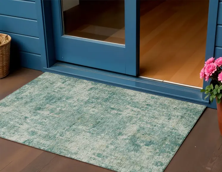 3' X 5' Teal Blue And Beige Abstract Washable Indoor Outdoor Area Rug