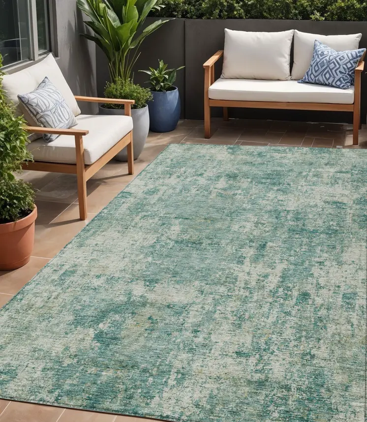 5' X 8' Teal Blue And Beige Abstract Washable Indoor Outdoor Area Rug
