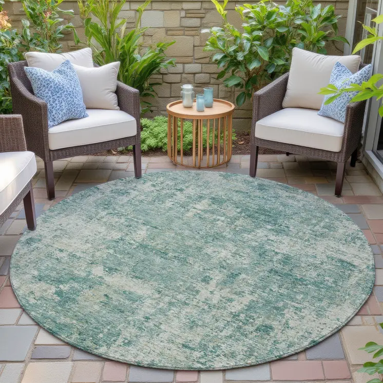 8' Teal Blue And Beige Round Abstract Washable Indoor Outdoor Area Rug