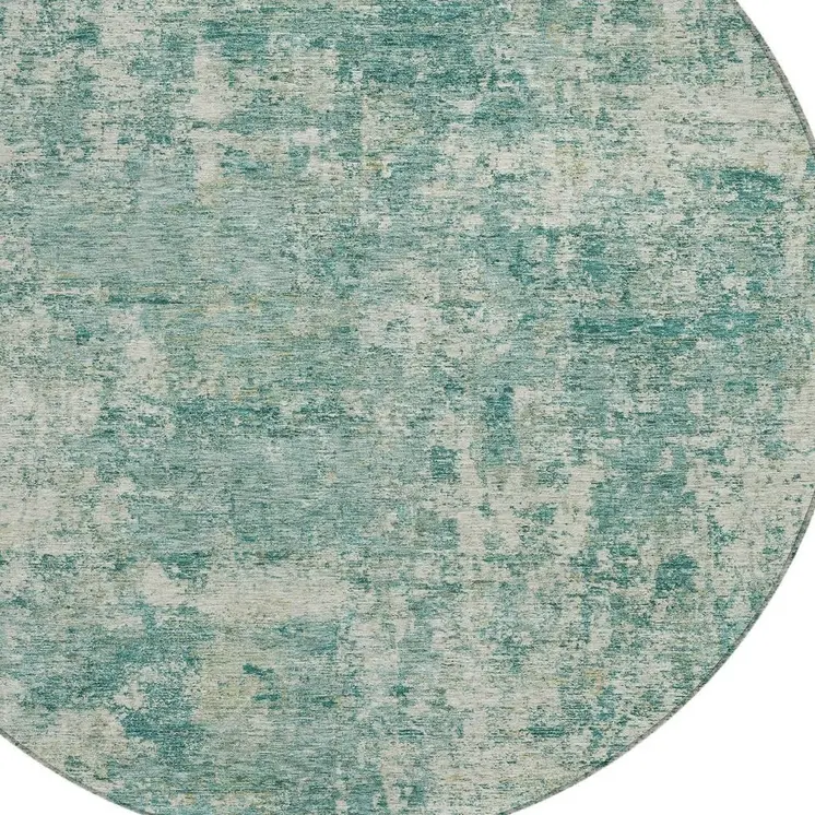 8' Teal Blue And Beige Round Abstract Washable Indoor Outdoor Area Rug