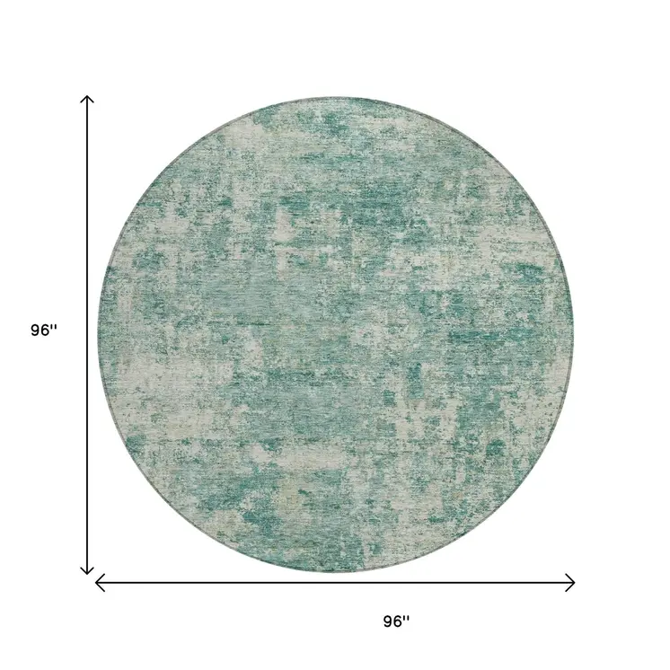 8' Teal Blue And Beige Round Abstract Washable Indoor Outdoor Area Rug