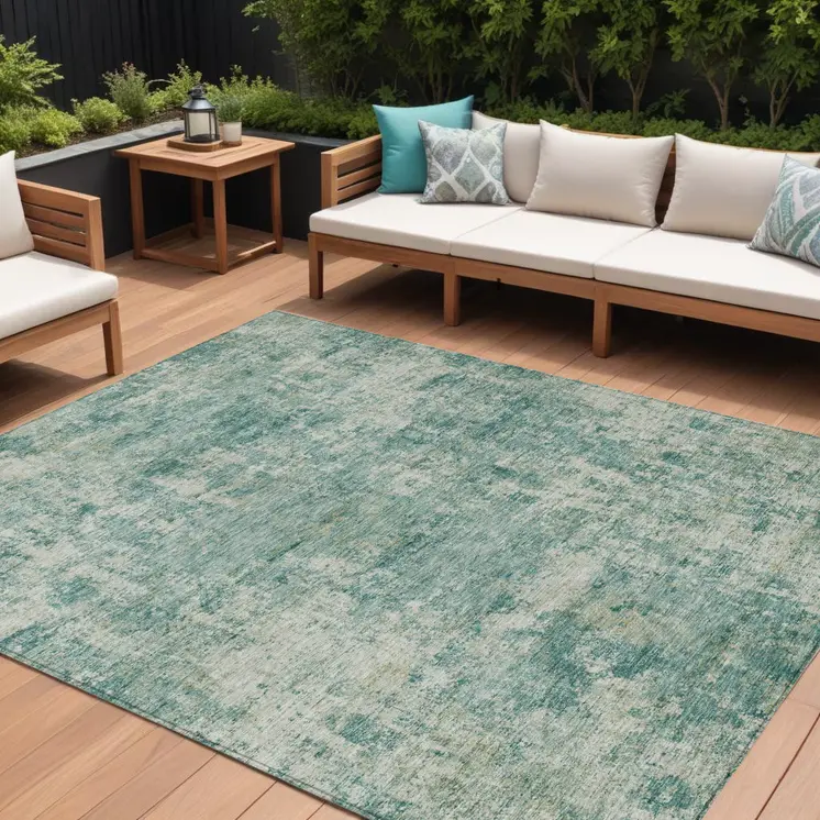 8' X 10' Teal Blue And Beige Abstract Washable Indoor Outdoor Area Rug