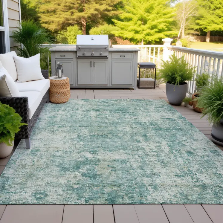 8' X 10' Teal Blue And Beige Abstract Washable Indoor Outdoor Area Rug