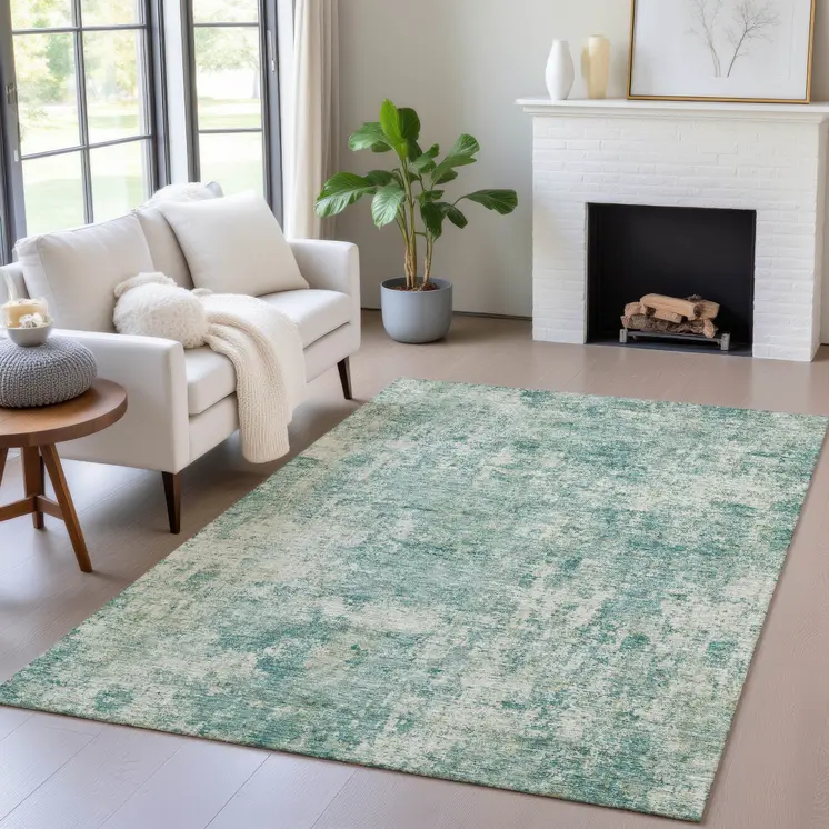 8' X 10' Teal Blue And Beige Abstract Washable Indoor Outdoor Area Rug