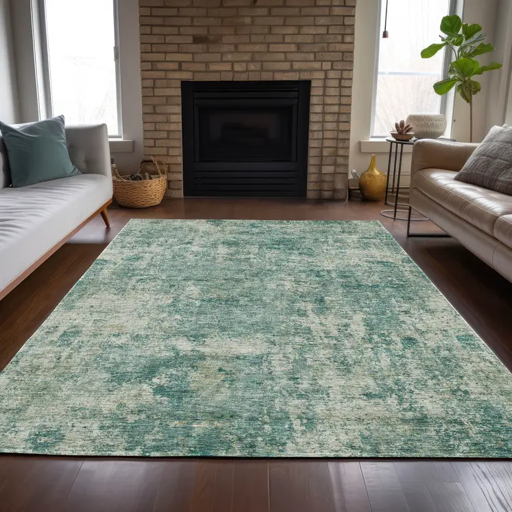 9' X 12' Teal Blue And Beige Abstract Washable Indoor Outdoor Area Rug