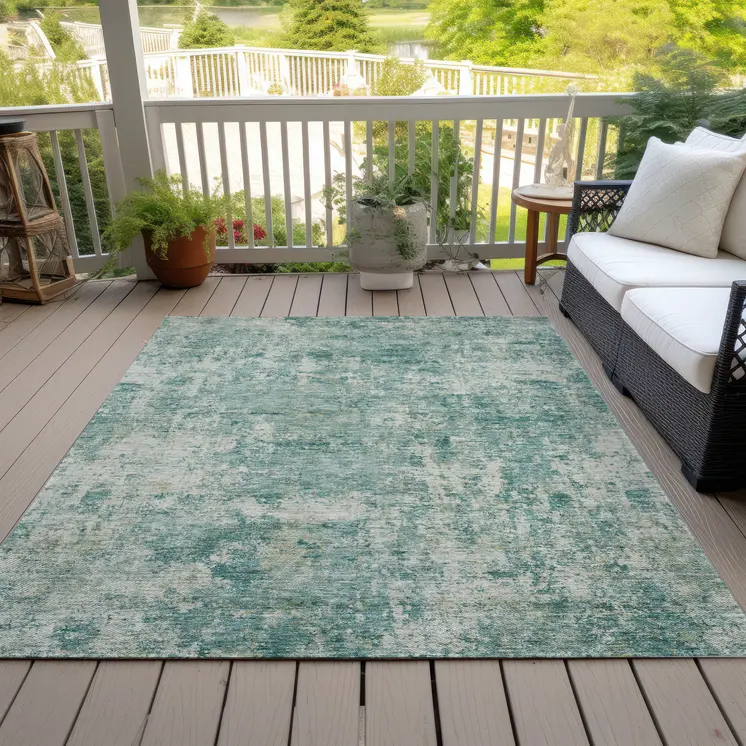 9' X 12' Teal Blue And Beige Abstract Washable Indoor Outdoor Area Rug