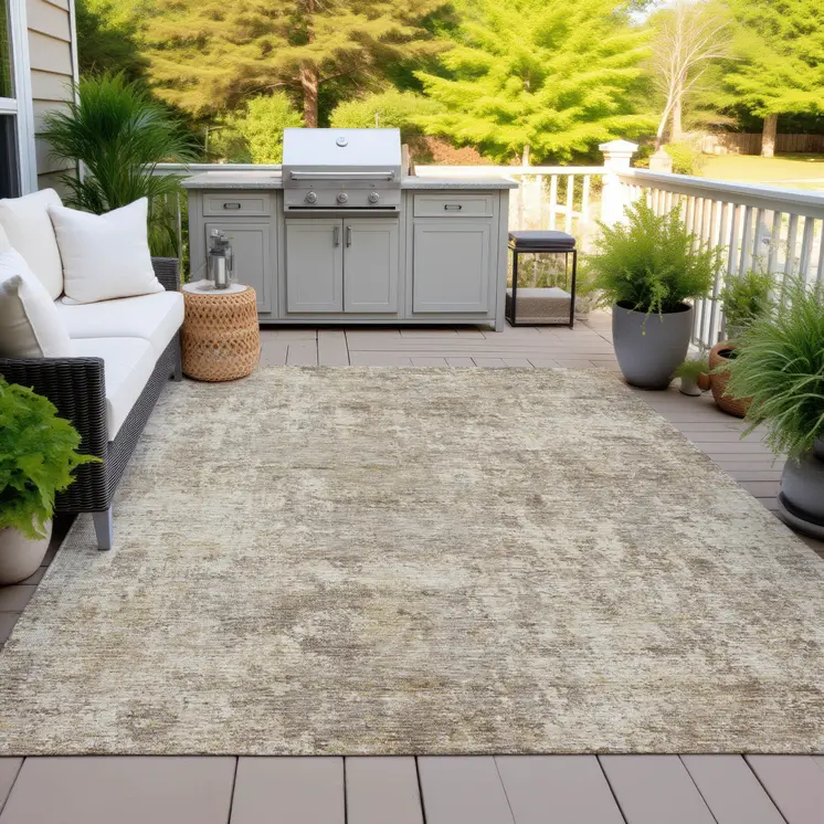 9' X 12' Taupe And Beige Abstract Washable Indoor Outdoor Area Rug