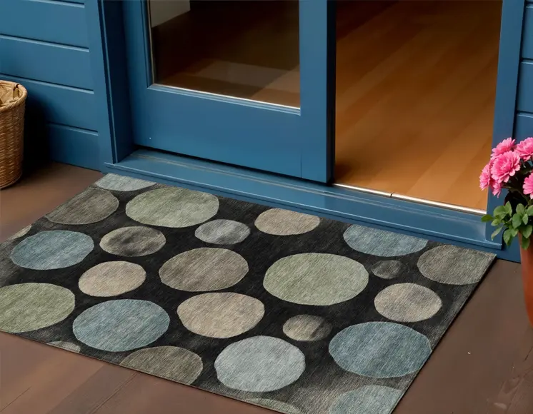 3' X 5' Black Fern Green And Teal Blue Geometric Washable Indoor Outdoor Area Rug