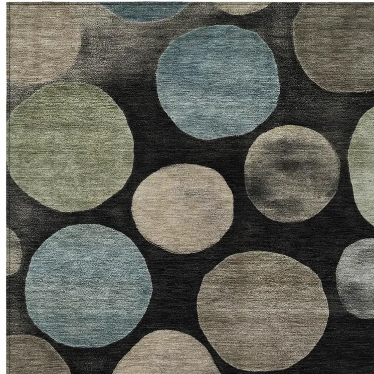 5' X 8' Black Fern Green And Teal Blue Geometric Washable Indoor Outdoor Area Rug