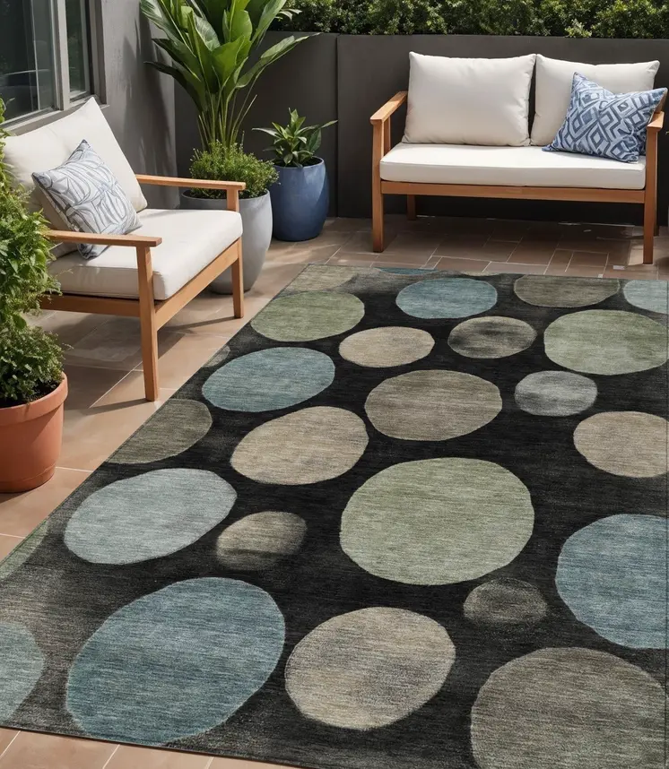 5' X 8' Black Fern Green And Teal Blue Geometric Washable Indoor Outdoor Area Rug