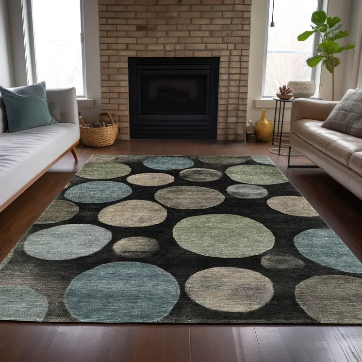 5' X 8' Black Fern Green And Teal Blue Geometric Washable Indoor Outdoor Area Rug