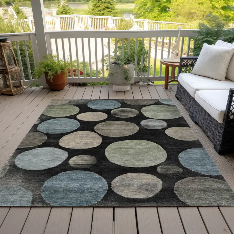 5' X 8' Black Fern Green And Teal Blue Geometric Washable Indoor Outdoor Area Rug