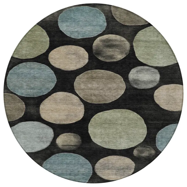 8' Black Fern Green And Teal Blue Round Geometric Washable Indoor Outdoor Area Rug