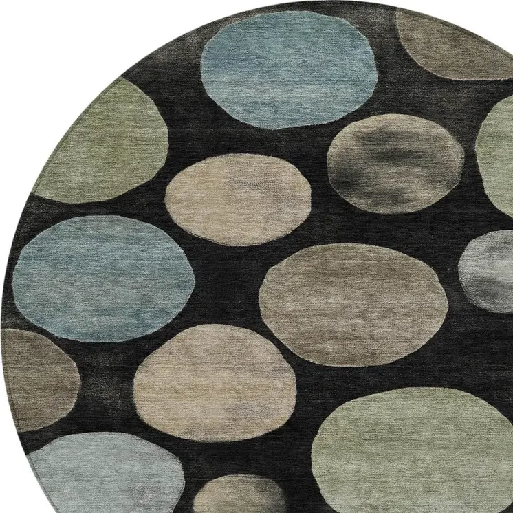 8' Black Fern Green And Teal Blue Round Geometric Washable Indoor Outdoor Area Rug