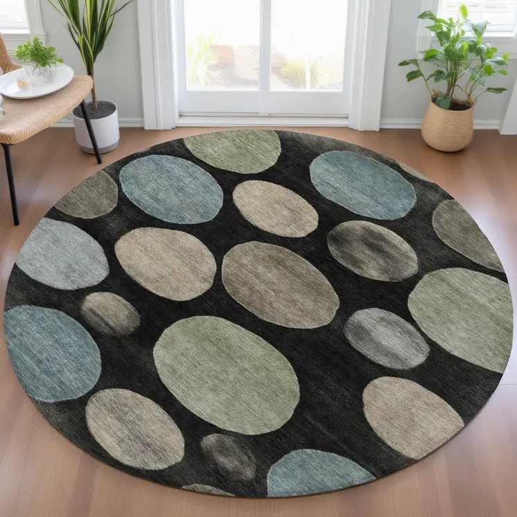 8' Black Fern Green And Teal Blue Round Geometric Washable Indoor Outdoor Area Rug