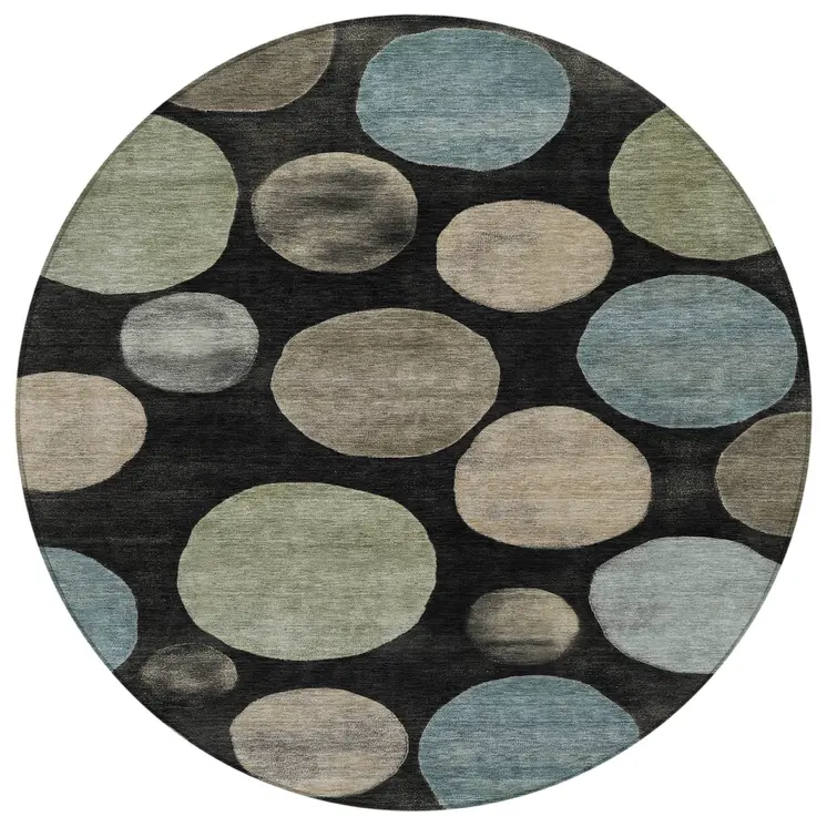 8' Black Fern Green And Teal Blue Round Geometric Washable Indoor Outdoor Area Rug