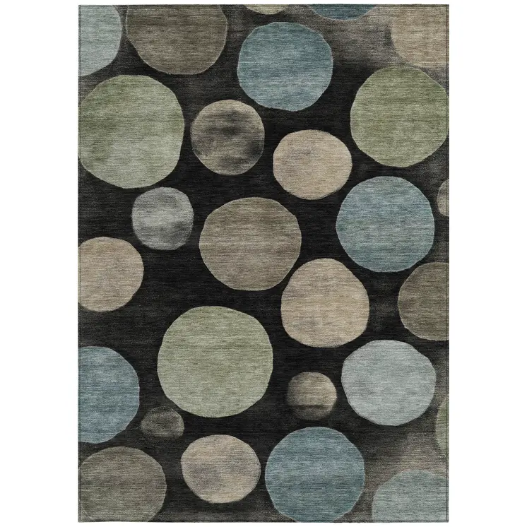 9' X 12' Black Fern Green And Teal Blue Geometric Washable Indoor Outdoor Area Rug