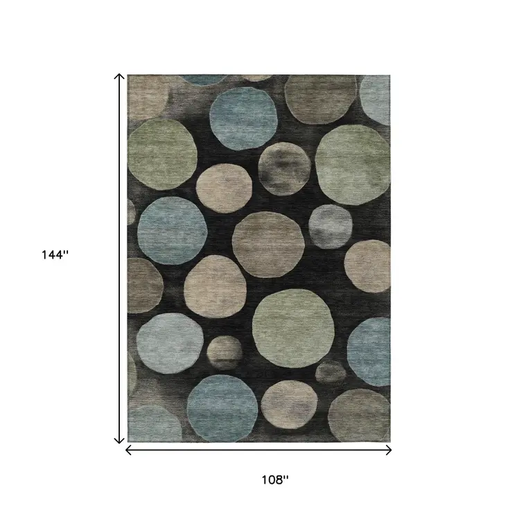 9' X 12' Black Fern Green And Teal Blue Geometric Washable Indoor Outdoor Area Rug