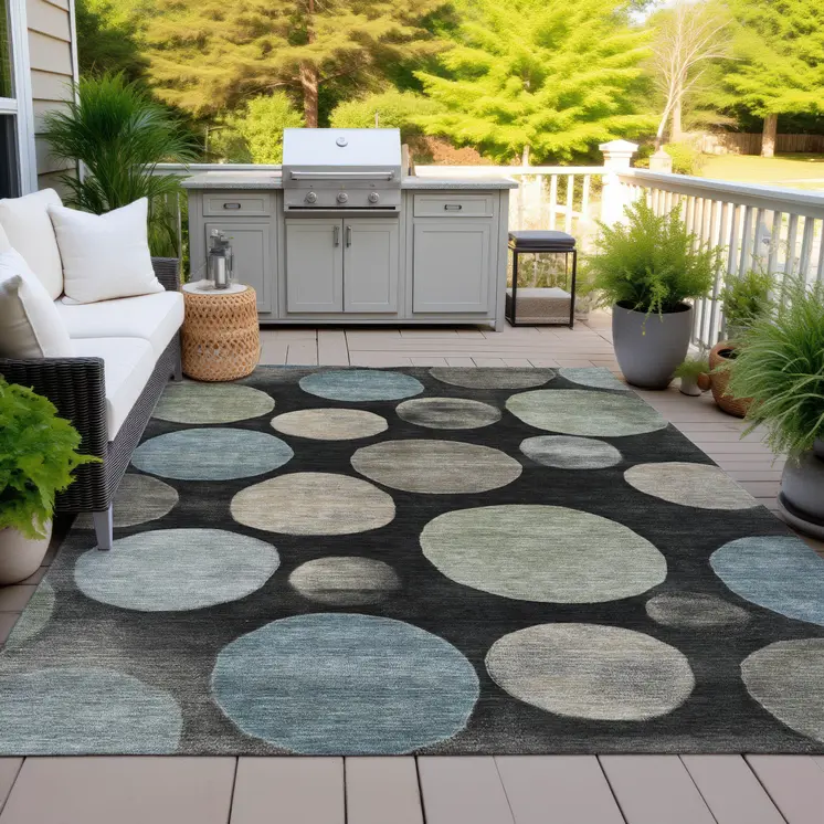 9' X 12' Black Fern Green And Teal Blue Geometric Washable Indoor Outdoor Area Rug