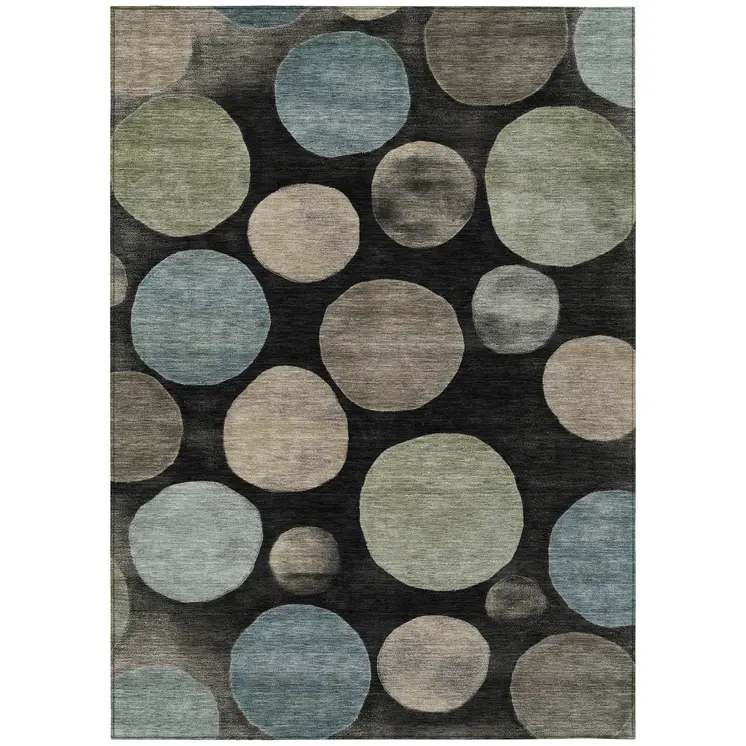 9' X 12' Black Fern Green And Teal Blue Geometric Washable Indoor Outdoor Area Rug