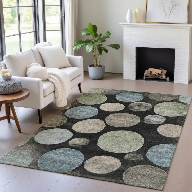9' X 12' Black Fern Green And Teal Blue Geometric Washable Indoor Outdoor Area Rug