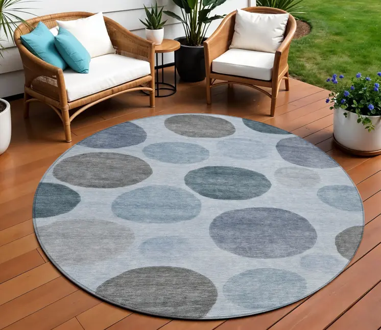 8' Blue And Gray Round Geometric Washable Indoor Outdoor Area Rug