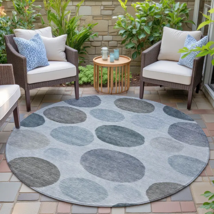 8' Blue And Gray Round Geometric Washable Indoor Outdoor Area Rug