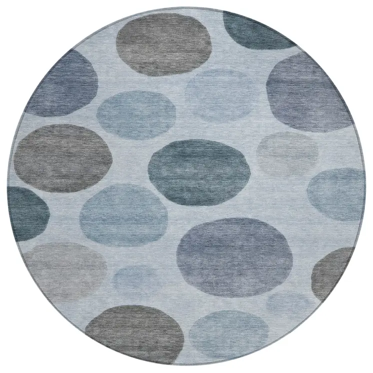 8' Blue And Gray Round Geometric Washable Indoor Outdoor Area Rug