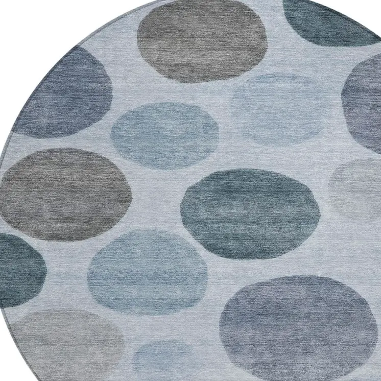 8' Blue And Gray Round Geometric Washable Indoor Outdoor Area Rug