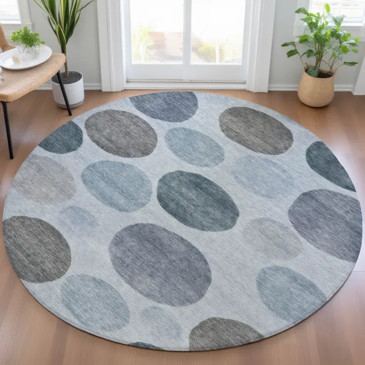 8' Blue And Gray Round Geometric Washable Indoor Outdoor Area Rug