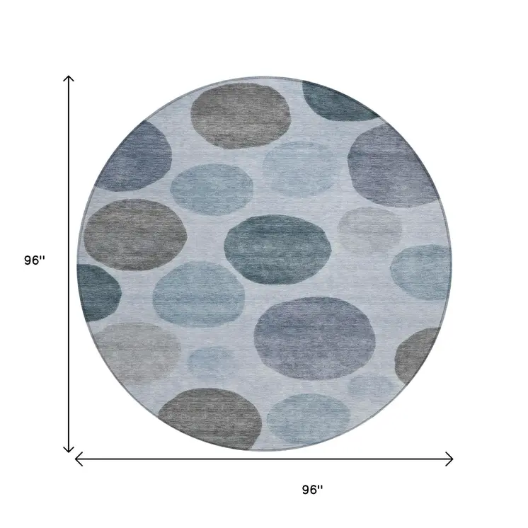 8' Blue And Gray Round Geometric Washable Indoor Outdoor Area Rug