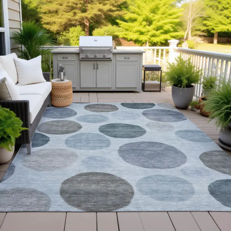 9' X 12' Blue And Gray Geometric Washable Indoor Outdoor Area Rug