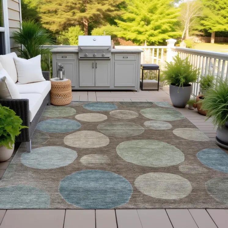 5' X 8' Chocolate Fern Green And Teal Blue Geometric Washable Indoor Outdoor Area Rug
