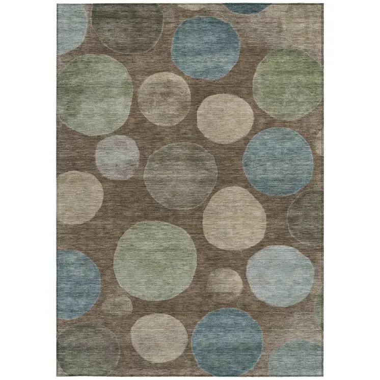 5' X 8' Chocolate Fern Green And Teal Blue Geometric Washable Indoor Outdoor Area Rug