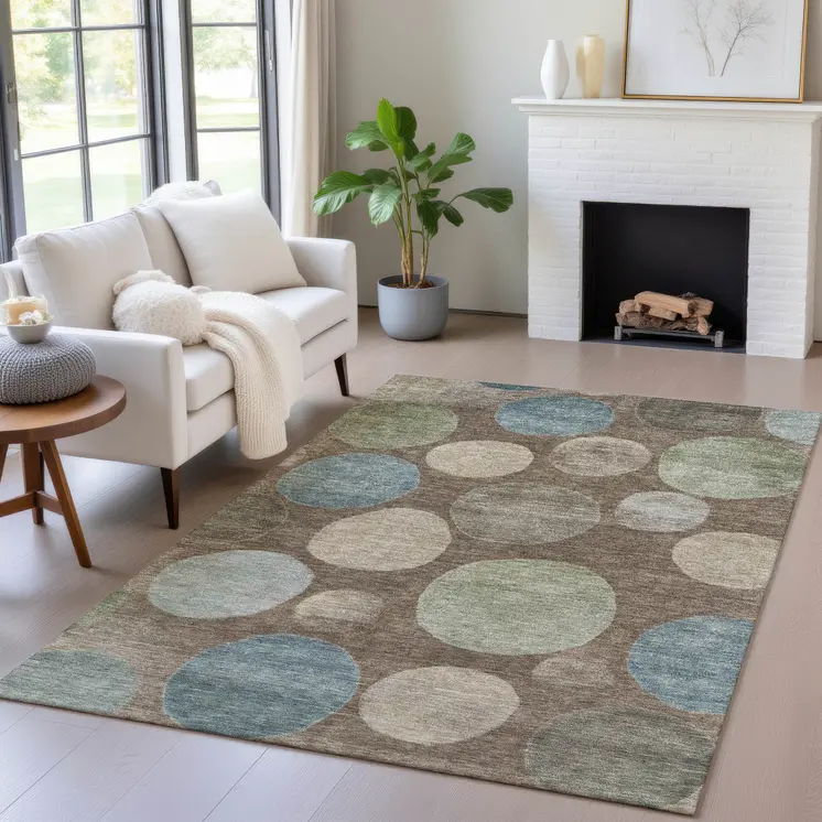 5' X 8' Chocolate Fern Green And Teal Blue Geometric Washable Indoor Outdoor Area Rug