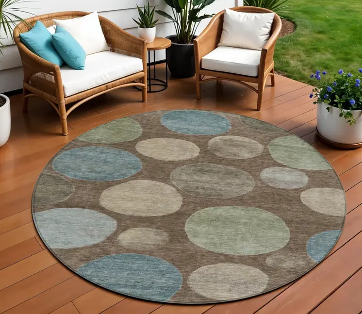 8' Chocolate Fern Green And Teal Blue Round Geometric Washable Indoor Outdoor Area Rug