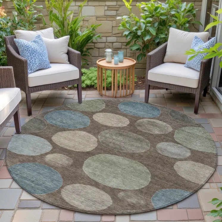 8' Chocolate Fern Green And Teal Blue Round Geometric Washable Indoor Outdoor Area Rug