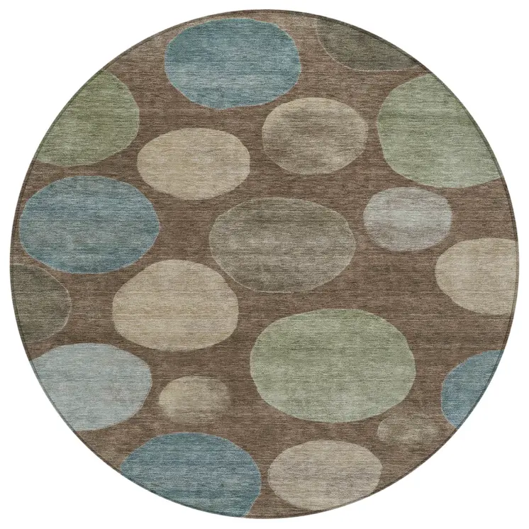 8' Chocolate Fern Green And Teal Blue Round Geometric Washable Indoor Outdoor Area Rug