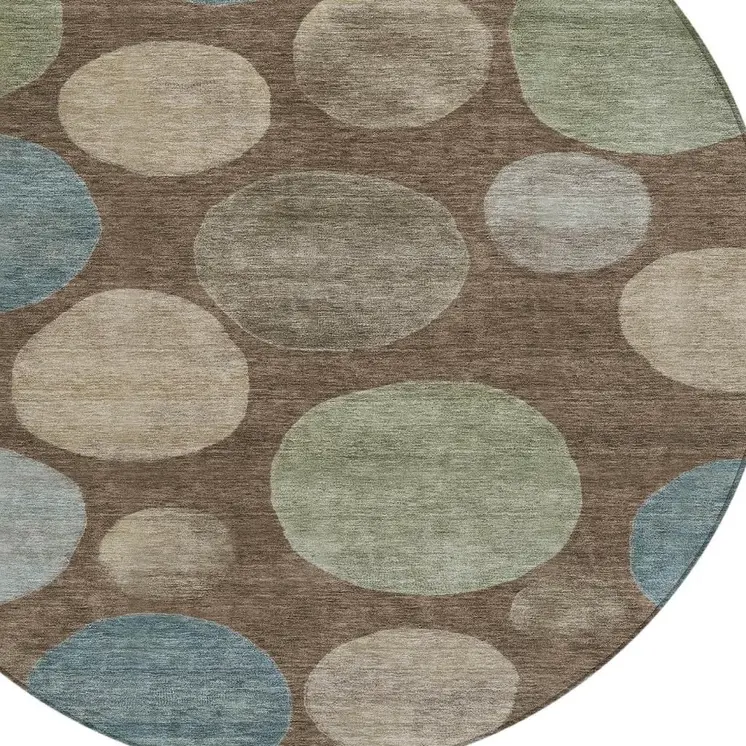 8' Chocolate Fern Green And Teal Blue Round Geometric Washable Indoor Outdoor Area Rug