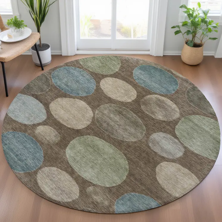 8' Chocolate Fern Green And Teal Blue Round Geometric Washable Indoor Outdoor Area Rug