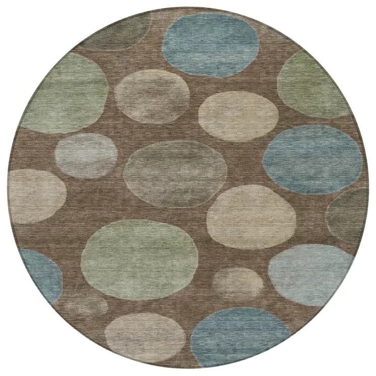 8' Chocolate Fern Green And Teal Blue Round Geometric Washable Indoor Outdoor Area Rug