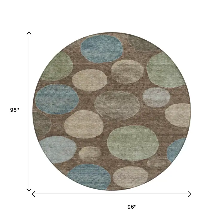 8' Chocolate Fern Green And Teal Blue Round Geometric Washable Indoor Outdoor Area Rug
