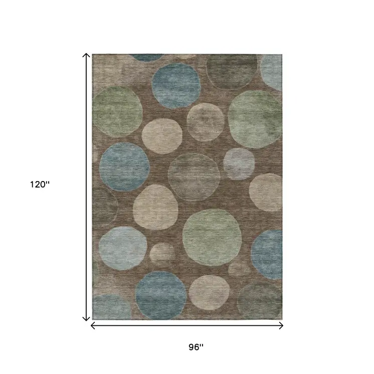 8' X 10' Chocolate Fern Green And Teal Blue Geometric Washable Indoor Outdoor Area Rug