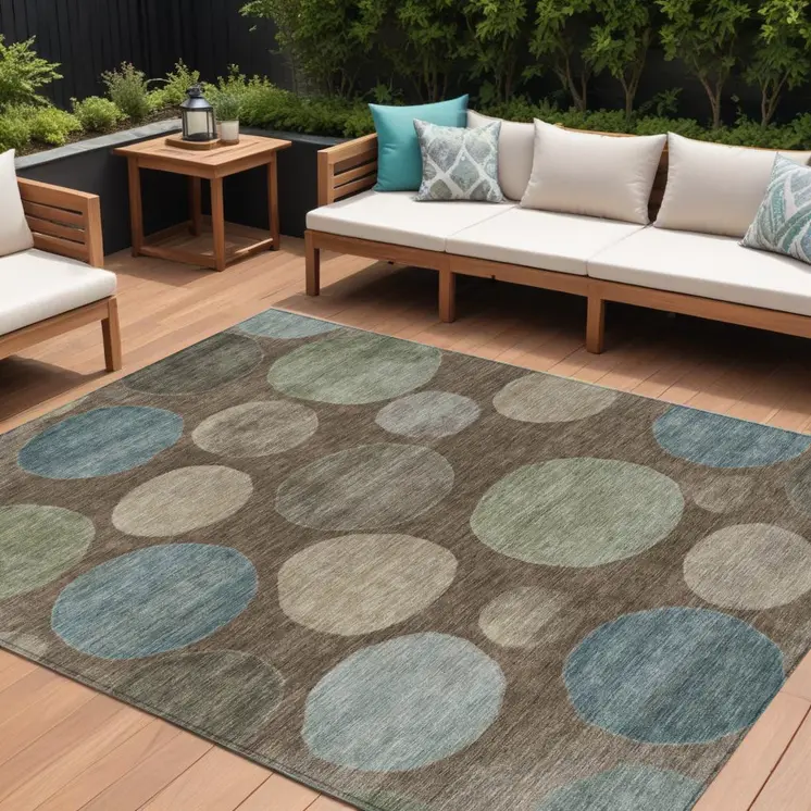 9' X 12' Chocolate Fern Green And Teal Blue Geometric Washable Indoor Outdoor Area Rug