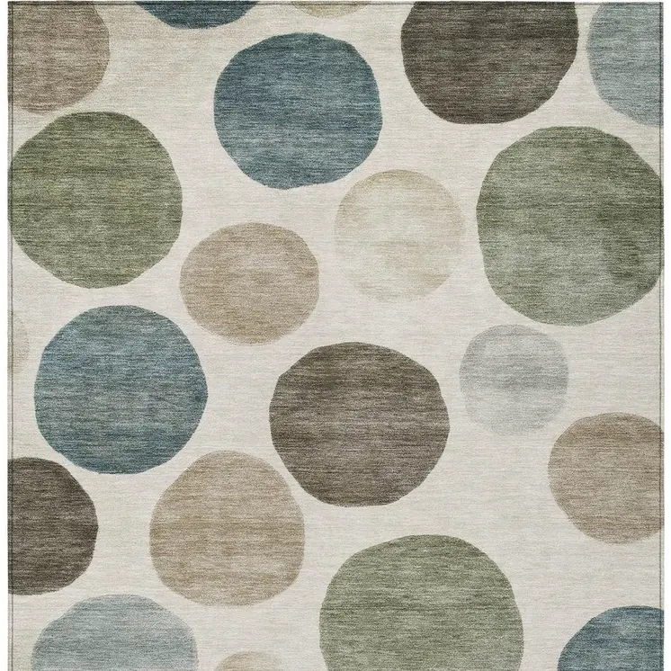3' X 5' Ivory Fern Green And Teal Blue Geometric Washable Indoor Outdoor Area Rug