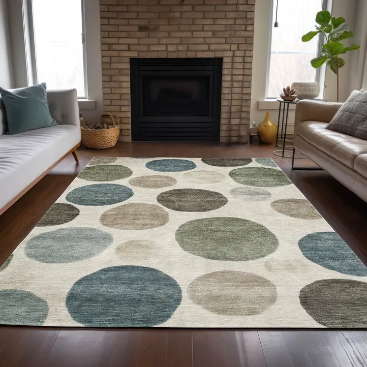 3' X 5' Ivory Fern Green And Teal Blue Geometric Washable Indoor Outdoor Area Rug