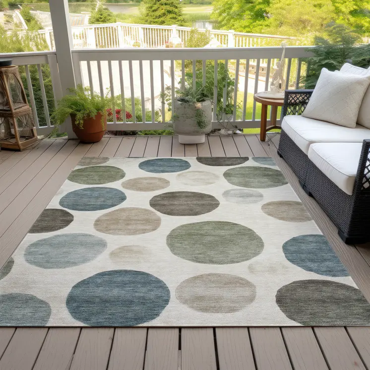 3' X 5' Ivory Fern Green And Teal Blue Geometric Washable Indoor Outdoor Area Rug